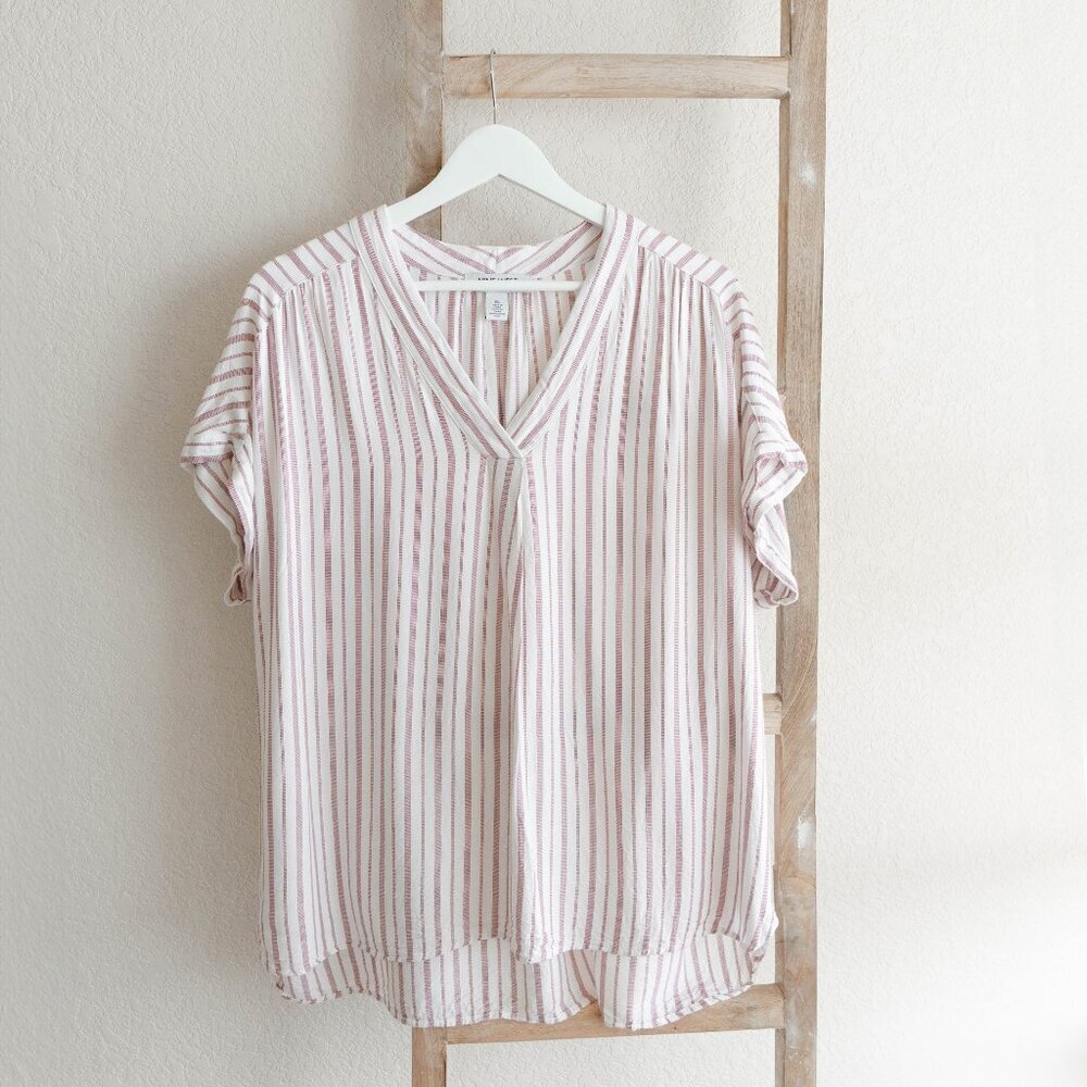 Nine West XL Red White Striped V-Neck Top | 100% Viscose Cap Sleeve Blouse